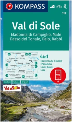 Kompass Carte Randonnée 119 Val DO Sole, Madonna DO Campiglio, Malè, Passo Del Tonale, Peio, Rabbi